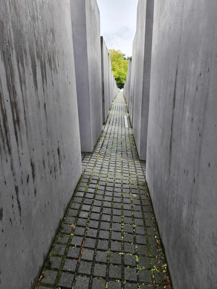 Image of a passageway through part of the Memorial to the Murdered Jews of Europe, in Berlin.