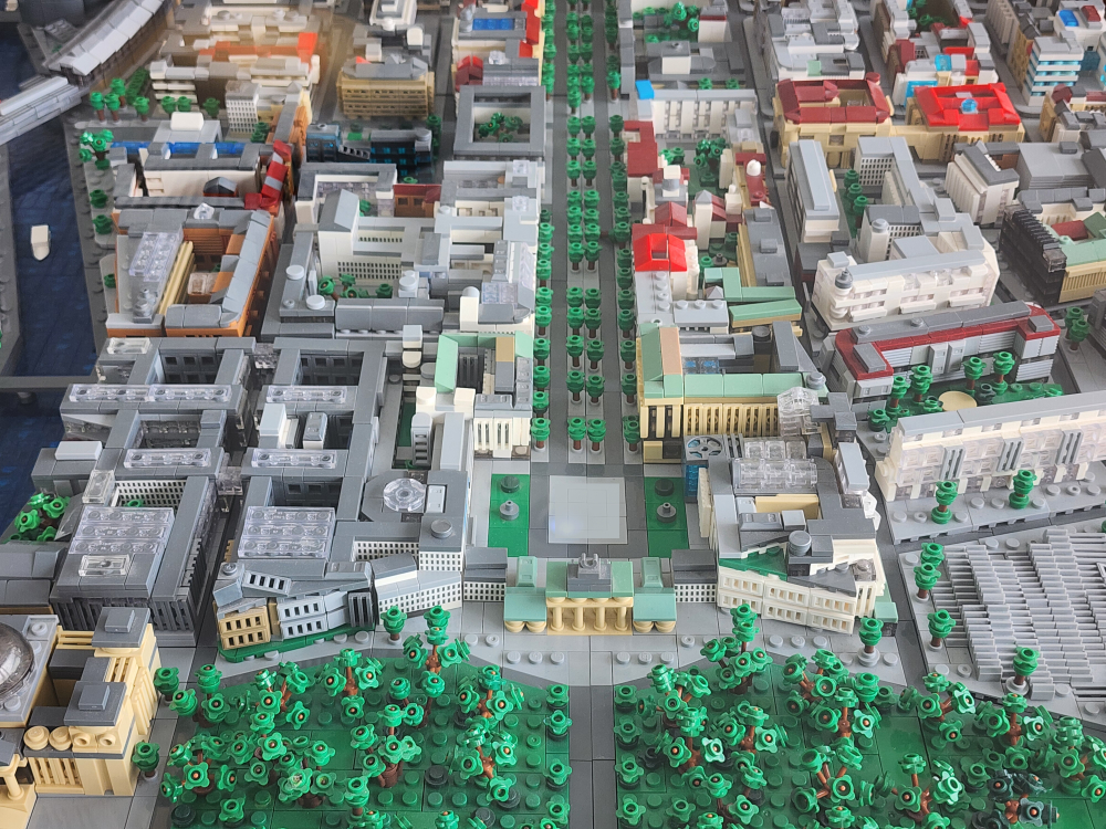 A view of a lego diamora portraying Berlin, looking from the Brandenburg Gate down Unter den Linden.