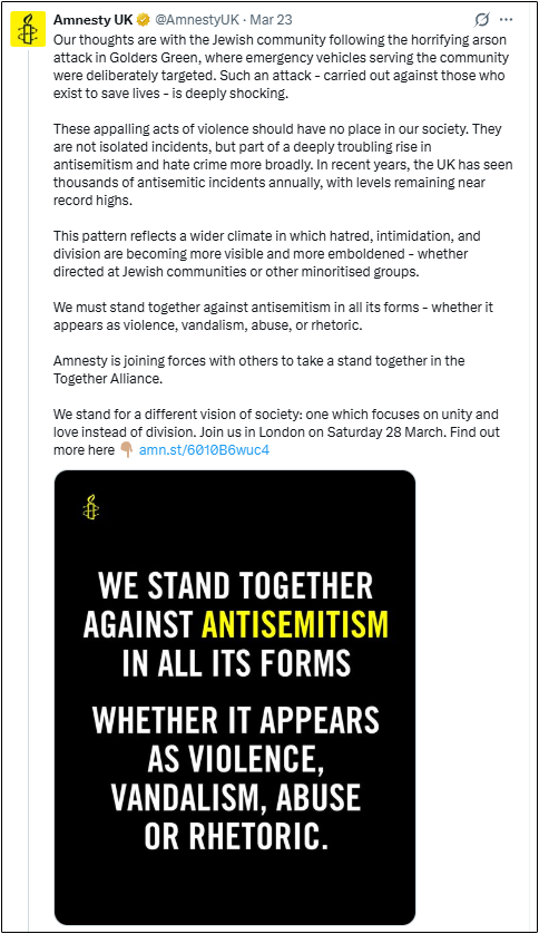 Amnesty post on X, starting with "Our thoughts are with the Jewish community following the horrifying arson attack in Golders Green..."