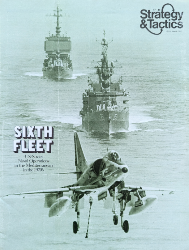 Front cover of Strategy & Tactics 48 featuring an A4-D Skyhawk plane in front of USS Bainbridge and USS Long Beach in the background.