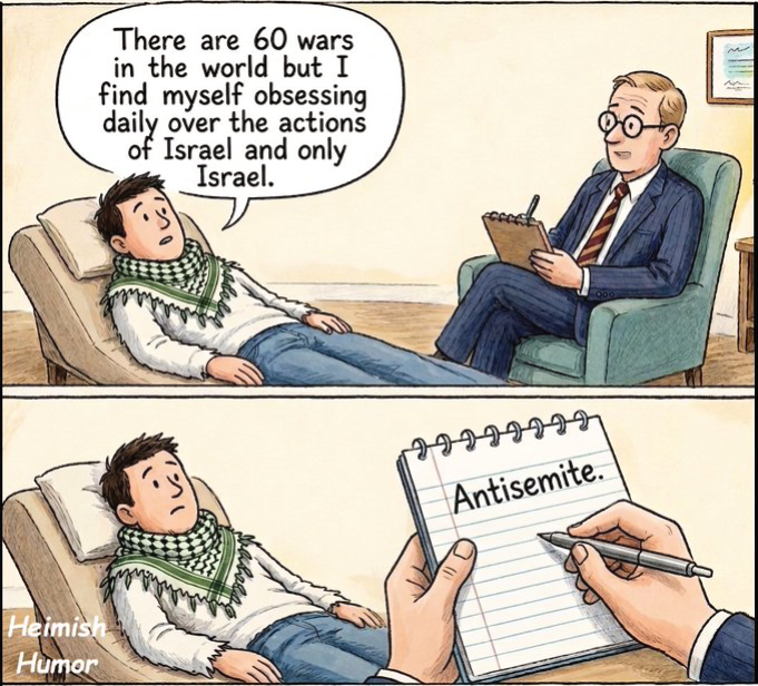 Image of a keffiyeh wearing person on a couch talking to a doctor, saying "There are 60 wars in the world, but I find myself obsessing daily over the actions of Israel and only Israel." The doctor has written in his notepad "Antisemite".